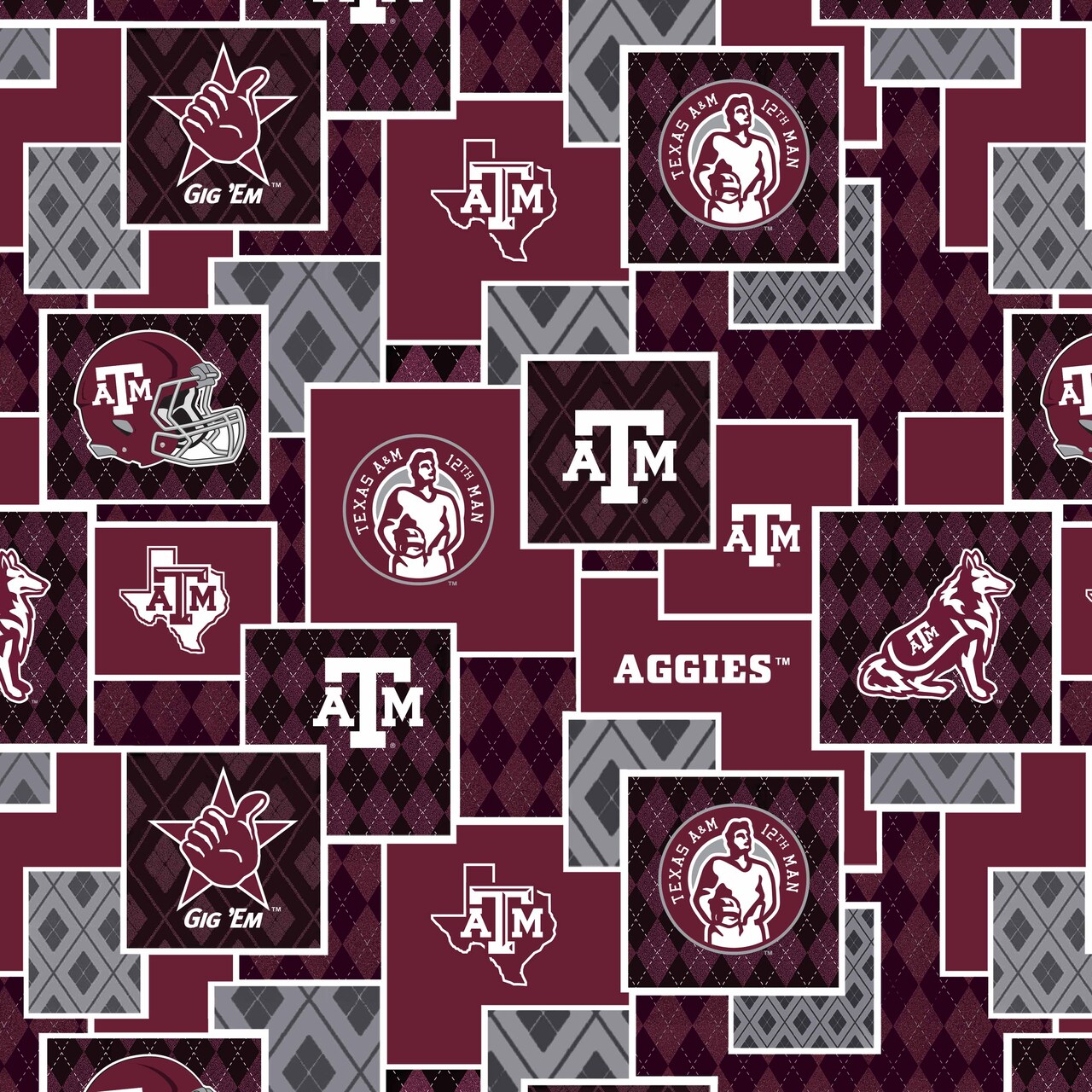 Sykel Enterprises-Texas A&M Cotton Quilting Fabric-Texas A and M Aggies Argyle Boxes Cotton Fabric Sold by the Yard